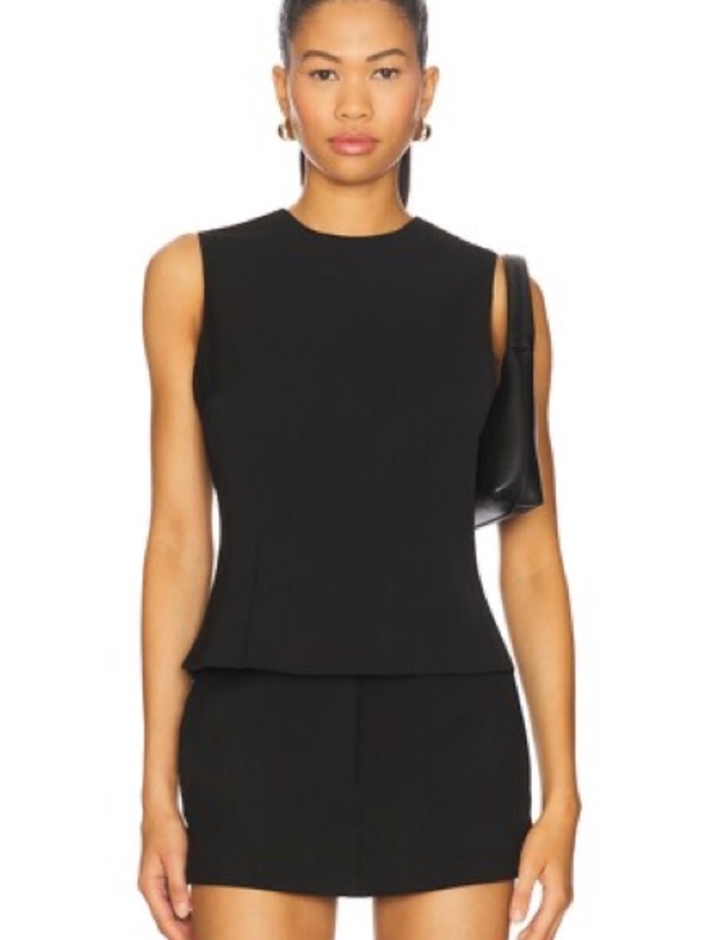More To Come Reagan Top Sleek Black Sleeveless Peplum Top Open Back Tie Bow Sz M - Picture 2 of 5
